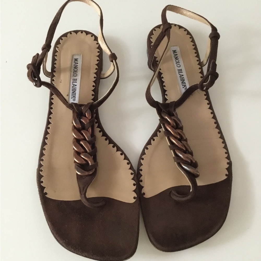 Manolo Blahnik Chocolate Suede Sandal with Ankle Strap. Size 38.